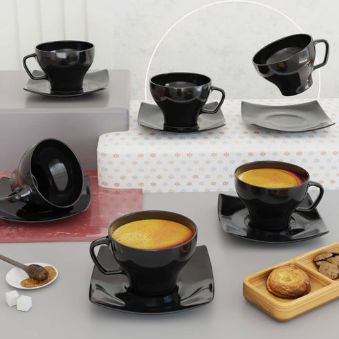 Set of 6 Black Ceramic Tea Cup Set with Saucer - The Earth Store - Tea Sets